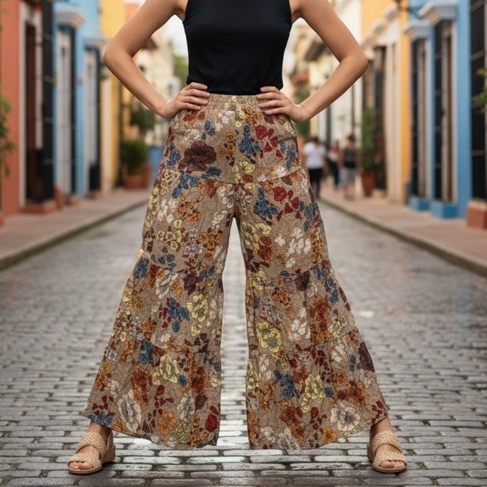 Natural Life Floral Tiered Wide Leg Palazzo Pants Flowy Crunchy Granola Boho S